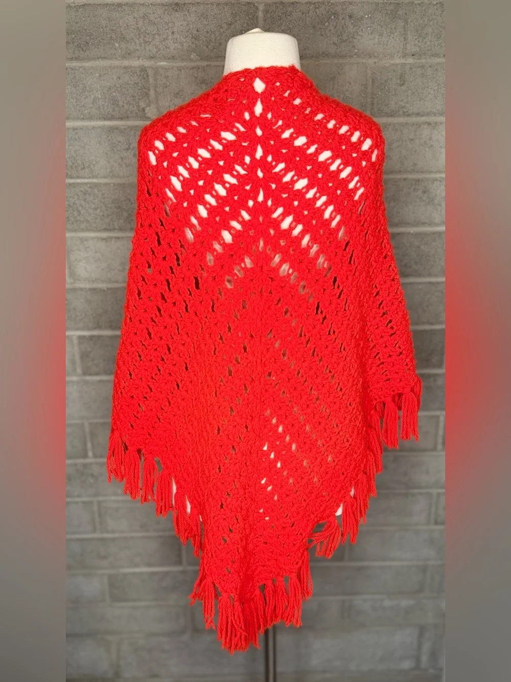 Handmade Red Crochet Triangle Shawl Wrap Fringe Boho Festival Vintage